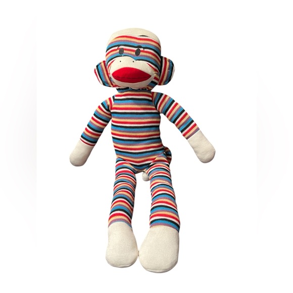 Extra large sock monkey, red, black, blue, and purple stripe. - Picture 1 of 4